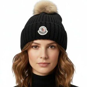 M Style Real Fox Fur Pom Pom Black Knit Beanie – Women’s Winter Hat 09/16